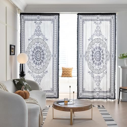 Image of Black Medallion Curtains 63 Inches Long, Boho Farmhouse Light Filtering Rod Pocket Drapes with Tassel Trim for Bedroom Living Room, 2 Panels