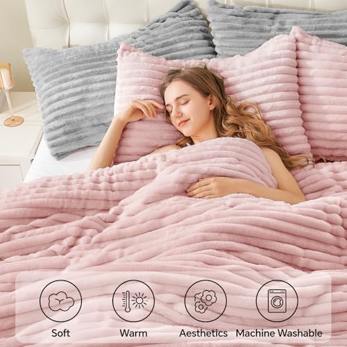 BEDELITE Fleece Oversized Queen Comforter Set -Super Soft & Warm Fluffy Pink Bedding, Luxury Fuzzy Heavy Bed Set for Winter with 2 Pillow Cases