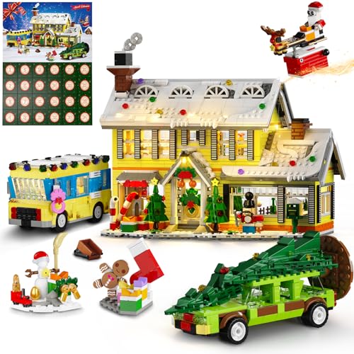 HOGOKIDS Advent Calendar 2025 Christmas Building Set with Light, 24 Days Christmas Countdown House Mini Building Block Kit with Bus & Pickup Truck, Holiday Toys Gift for Adults Kids Girls Boys Age 12+