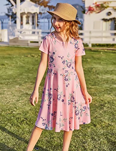 Arshiner Girls Short Sleeve Dress Pink Floral Maxi Dress Casual Skater Twirl Sundress For Girls #TOP2