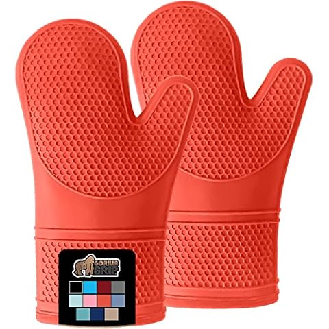 Gorilla Grip Heat and Slip Resistant Silicone Oven Mitts Set, Soft Cotton Lining, Waterproof, BPA-Free, Long Flexible Thick Gloves for Cooking, BBQ, Kitchen Mitt Potholders, Sets of 2, 12.5 in, Coral Cover