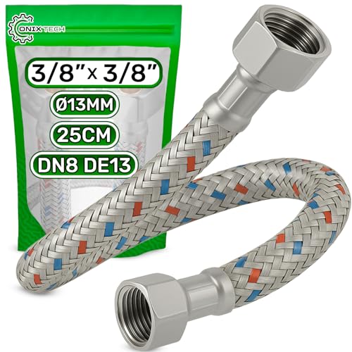 Latiguillo 25 cm Hembra 3/8” x Hembra 3/8” DN8 DE13 - Latiguillos de Fontanería Fabricada en Acero Inoxidable Temperatura máx 70°C Presión de Trabajo 10 bar - Garantía de 5 Años - ONIX TECH