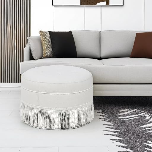 Jennifer Taylor Home Yolanda Upholstered Round Accent Ottoman, Alabaster Off White Tweed