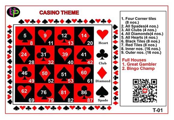 Image of Casino Theme Tambola Tickets | Red Black Tiles Housie Tambola Themed Bingo Game| Kitty Party Theme Housie Tickets | English | for Family & Friends (Set of 15 Tickets)