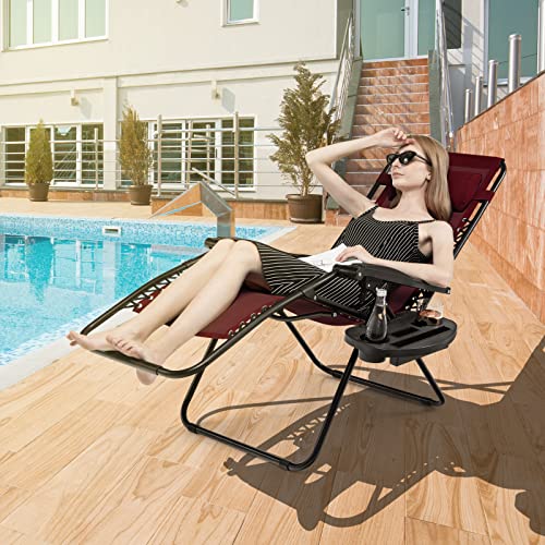 Image of Giantex Zero Gravity Reclining Chair, Outdoor Patio Recliner with Cup Holder & Removable Pillow, Adjustable Backrest, Indoor Lounge Chair for Backyard, Garden, Poolside (Burgundy)