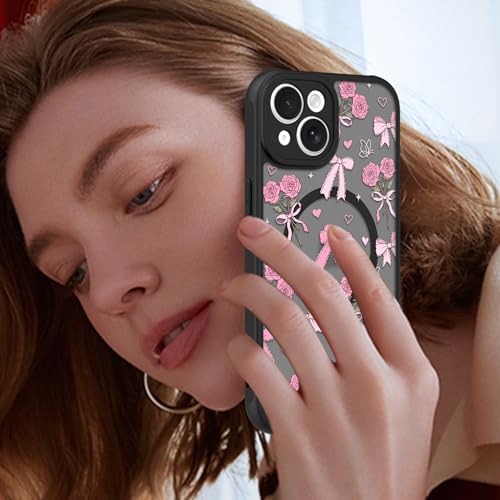 Image of KANGHAR Case for iPhone 15 Plus Bows Bouquet Pattern | [Compatible with Magsafe] Cute Flowers Florals Protective Magnetic Case for Girls Women Men