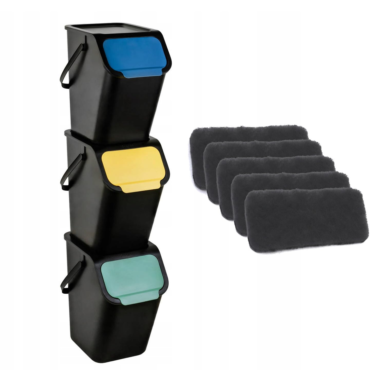 Practic Bini juego de 3 cubos de 25 l para la clasificación de residuos | cubos modulares negros con sistema de encaje a presión, tapa negra y tapa abatible de colores (azul, verde, amarillo) + 5 filt