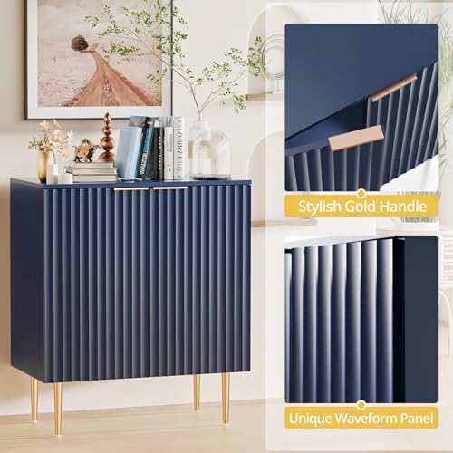 Image of Floated Panel Wooden Sideboard Cabinet | 2 Door Storage Unit with Metal Legs | Premium HDMR Wood Console Cabinet for Living Room, Kitchen & Dining | DIY Leg Assembly | Blue