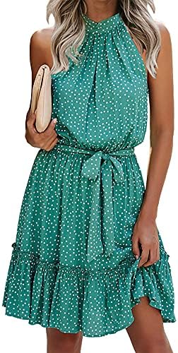 BTFBM Women 2023 Summer Halter Neck Dresses Sleeveless Casual Floral Polka Dot Leopard Print Short Boho Ruffle Sundress(Polka Dot Green,Large)