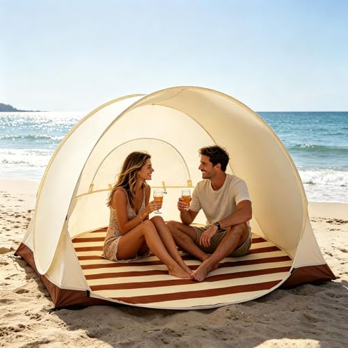 Pop-up Strandmuschel für 3-4 Personen, 130x110cm strandmuschel pop up, Tragbarer Automatisches Windschutz Wurfzelt Für Familie, Camping, Garten, Strände (Beige)