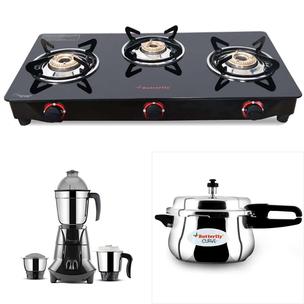 Butterfly Smart Glass Open 3 Burner Gas Stove, Black& Curve Stainless Steel Outer Lid Pressure Cooker, 5.5 Litre& Jet Elite 750-Watt Mixer Grinder With 3 Jars (Grey)-image-11
