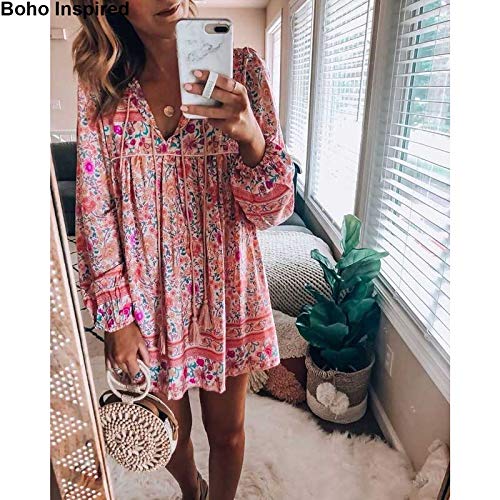 R.Vivimos Womens Long Sleeve Floral Casual Print Cotton Mini Tunic Dress (Medium, LightPink)