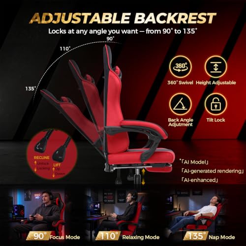 Image of GTPLAYER Video Gaming Chair Fabric, Ergonomic Computer Chair with Footrest and Pocket Spring Cushion, Height Adjustable Video Gamer Chair with Lumbar Support for Adults, Red