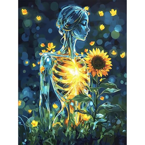 Camocin Diamond Art Kits for Adults Skull, 5D Sunflower Diamond Painting Kits for Adults Beginners, DIY Flowers Full Round Dots Drill Gem Art Kit for Gift Home Wall Decor 12 x 16 Inch