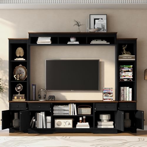 Image of 98.8 inch W Wall Unit Entertainment Center with Bookshelves and Power Outlets for TVs up to 80 inch, Wood TV Stand Media Console with Cabinets Drawers Doors and Adjustable Shelves for Living Room Black+Brown