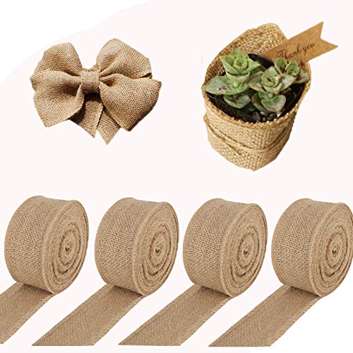 4 Pack 2 Inch Natural Burlap Fabric, Rolls Jute Fabric Ribbon Burlap Ribbon Hessian Ribbon for Gift Wrapping Wedding Events Party and Home, Christmas Decor (11 Yards Each Roll, 2 Inches Wide)