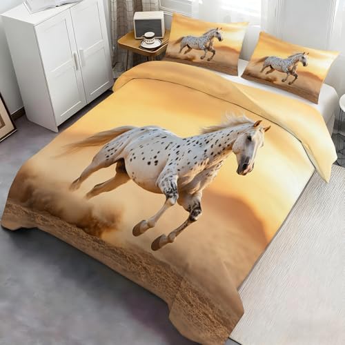 Juego de ropa de cama de 3 piezas con diseño de caballos y fundas de almohada para cama individual para niños y niñas