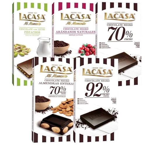 Pack Lacasa 5 deliciosas tabletas de chocolate de distintos sabores y tamaños: arandanos,leche pistacho 90g,negro,cacao 92%, almendra 200g