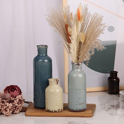Image of Multicolor Ceramic Vase Set of 3 - Coastal Rustic Farmhouse Decor Flower Vases for Shelf, Dining Room Table, Fireplace Mantel, Living Room, Coffee Table, Tabletop, Kitchen Cabinet, Entryway Decoration