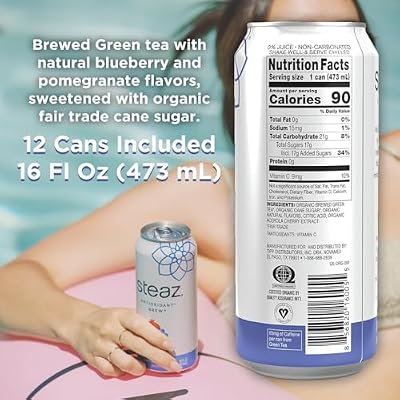 Steaz - Organic Green Tea - Blueberry Pomegranate (12 Pack) - Antioxidant Brew - 65mg Natural Caffeine, 90 Calories, Vitamin C - Cane Sugar Sweetened Iced Tea - Vegan - 12 Cans, 16 fl oz (473mL)