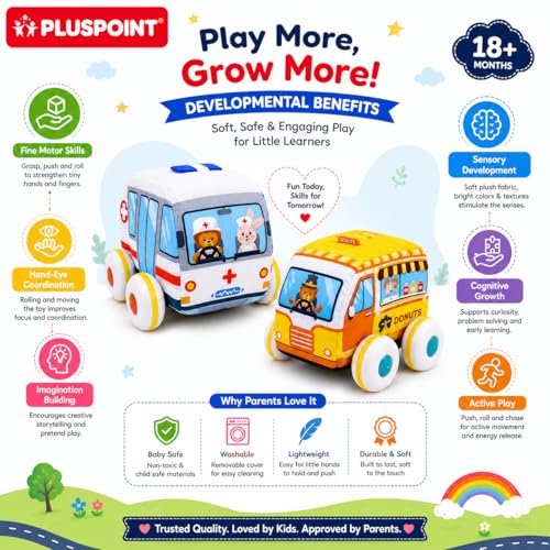 Image of PLUSPOINT Soft Pull Back Vehicle Set of 2 - Plush Baby Toy Cars with Ambulance & Donut Car Design, Soft Washable Pull Back Toys for Babies & Toddlers 2+ Years