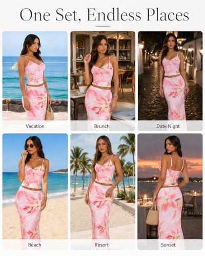 Image of Two Piece Skirt Set for Women - Sexy Sleeveless Spaghetti Strap Pleated Tank Top Maxi Long Skirts Sets