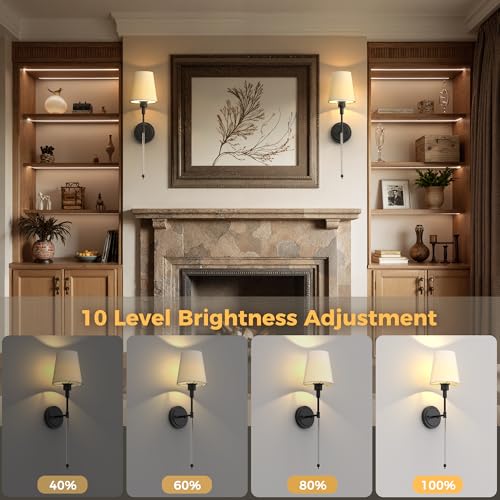 Image of DORESshop Battery Operated Wall Sconce Set of 2, Wall Light Wireless Easy to Install, Dimmable and Adjustable Sconce Wall Decor, Rechargeable Wall Lamp for Bedroom, Living Room, Black and Glass 24.6in