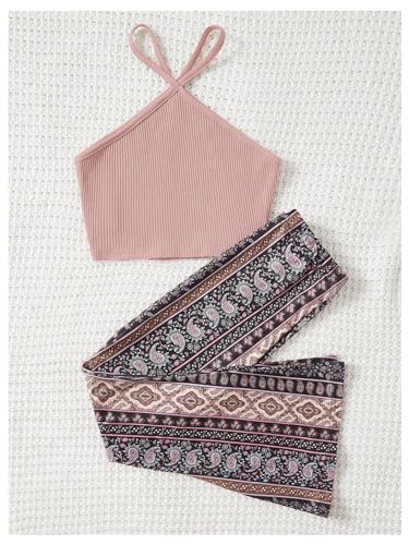 Image of Floerns Girl's 2 Piece Outfit Halter Crop Top and Paisley Bell Bottom Pants Set