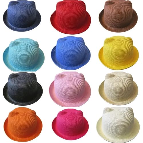 Cute Straw Hat with Cat Ears & Devil Horns - Summer Beach Bowler Derby Cap for Boys & Girls2