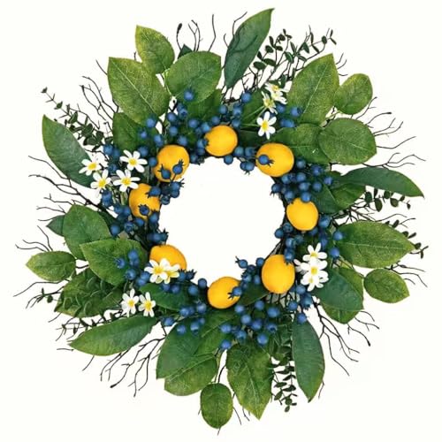 22Inch Lemon Wreath for Front Door,Artificial Blue Berry and Green Leaf,Used for Window, Wall, Porch, and Other Indoor and Outdoor Home Decorations