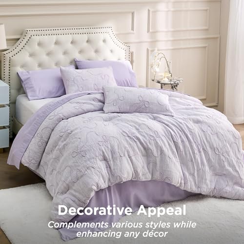 Image of Bedsure Lavender Comforter Set Queen, GentleSoft 3 Pieces Breathable Bow Comforter Set Women Girls with 2 Pillow Shams, Cute Queen Bedding Sets Room Decor Aesthetic Bedroom Decor, 90x90 Inches