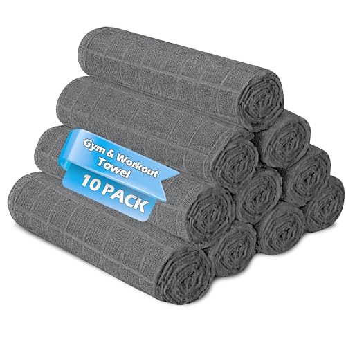 HOMERHYMRE Microfiber Workout Towels, 10 Pack Grey Gym Sweat Sports Towel for Yoga, Tennis, Running, Exercise, Working Out, Camping, Quick Dry, Highly Absorbent, for Women & Men, 16 x 27 Inch
