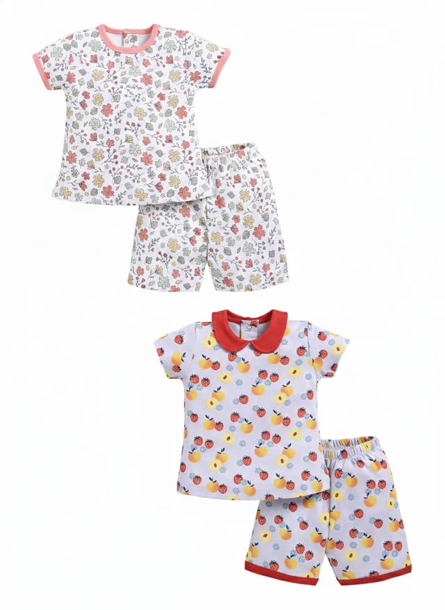 Image of BABY GO Baby Boys & Baby Girls Clothing Set | Summer Co-Ord Set for Baby | Printed 100% Cotton Half Sleeve T-Shirt & Shorts Combo | Soft Cotton Casual Wear Outfit for Infants & Toddlers Pack of 2
