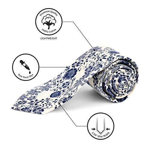 Image of Mens Floral Tie | Cotton Printed Skinny Necktie for Wedding | Spring & Summer