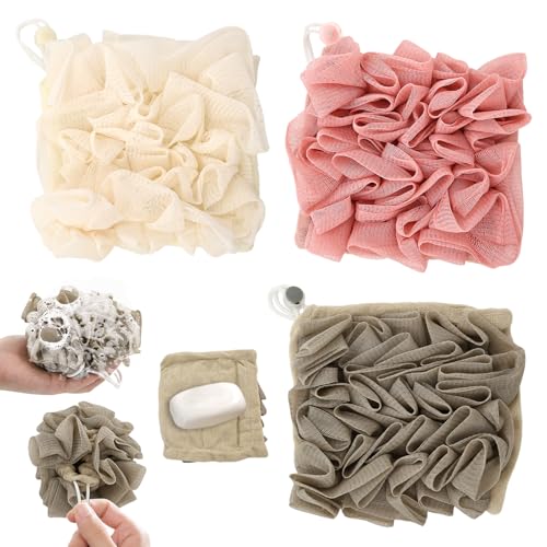 3 Pcs Soap Bar Loofah, 2 in 1 Bar Soap Loofah Pouch Can Hold Soap Effective Exfoliation for Bathing (Khaki+ Beige + Pink)