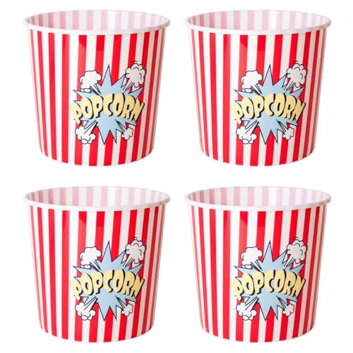 Acan Tradineur - Pack de 4 Cubos de Palomitas Redondos de plástico, Recipiente Reutilizable para Cine en casa, Fiestas, Celebraciones (Rojo y Blanco - 24 x 21 cm)