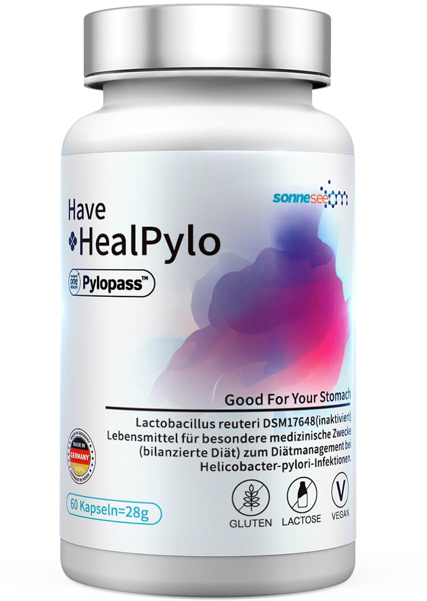 Pylopass contre Helicobacter pylori Lactobacillus Probiotique HealPylo®400mg par jour -60 capsules -Pour les brûlures d'estomac, reflux acide, problèmes d'estomac causés par -Fabriqué en Allemagne