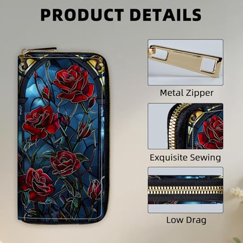 Womens Wallet, RFID Blocking Credit Card Wallets, PU Leather Card Holder Organizer Multiple Card Slots with Zipper Coin Pocket and Wristlet Ladies Girls,Red Roses on Glass3