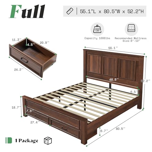 Image of AMERLIFE Farmhouse Full Size Bed Frame with 52.2 inch Tall Headboard & Footboard, Wood Platform Bed Frame with 2 Large Storage Drawers, Noiseless, No Box Spring Needed, Rustic Brown