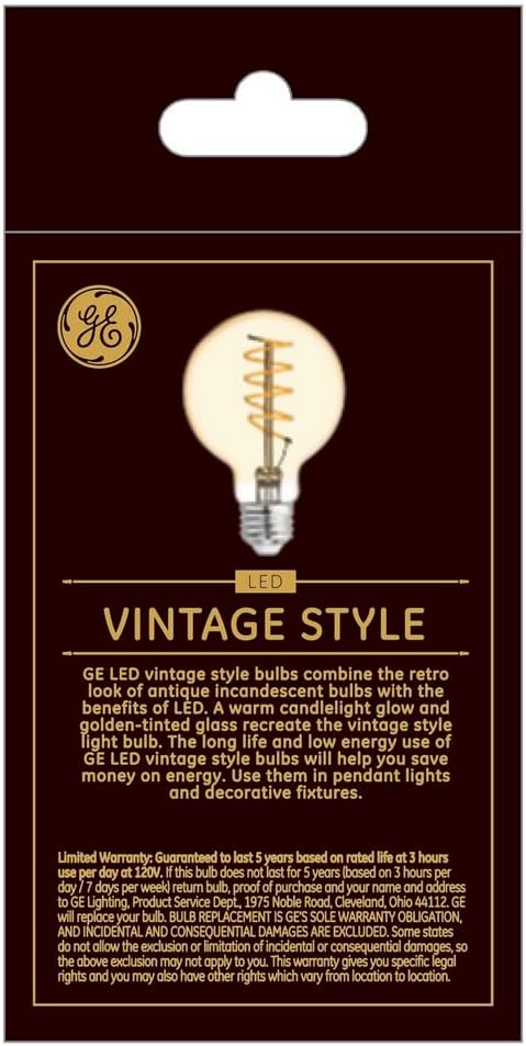 Miniatura 4 de GE 36731 Bombilla LED estilo vintage, globo G25, acabado ámbar, filamento espiral serpenteante, base media, regulable