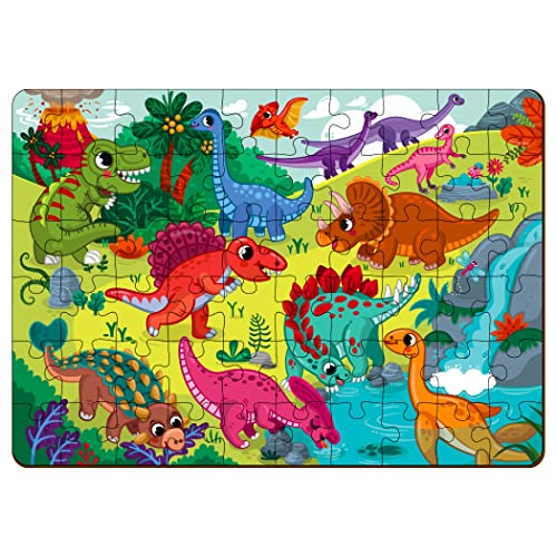 Image of Mini Leaves 60 Piece Wooden Puzzle for Kids 4-6 Years - Dinosaurs World Jigsaw Floor Puzzle With Booster Cards & Box - Safe & Durable Educational Toy