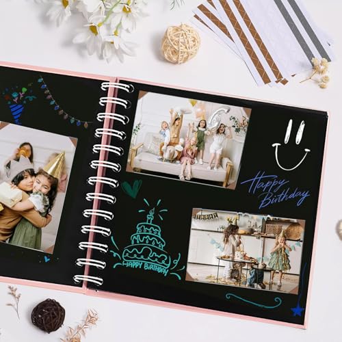 xiluuyou Fotoalbum zum Selbstgestalten 17x17 cm, Scrapbook Album, 20 Blatt Schwarze Seiten Fotobuch zum Einkleben für Baby Geburtstag Jahrestag Hochzeit, Einbandfarbe - Rosa