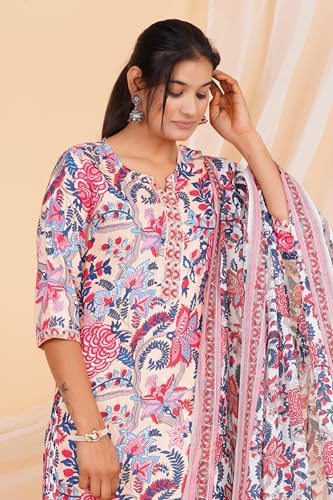 Image of Women's Printed Straight Kurta with Pant & Dupatta Set (Multicolor)