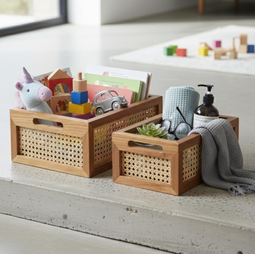 Image of Ikari Homes Duo Weave Rattan Storage Basket with Wooden Frame & Mesh Design | 34x25x15 cm Brown Rattan Organizer Basket for Kitchen, Closet & Shelves | Decorative Multipurpose Storage (Pack of 2)