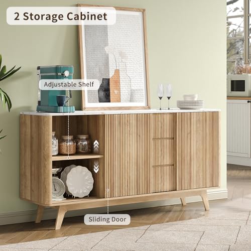 62" W Fluted Buffet Cabinet with Sliding Doors, Modern Sideboard Storage Cabinet with Power Outlet & 3 Drawers, Mid-Century Coffee Bar Table for Living Room, Dinning Room, Natural - 4