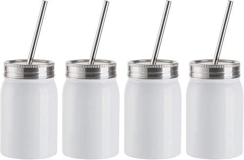Craft Express 17 OZ Sublimation Mason Jars Blanks White-Sublimation Tumbler Cups Jar Coffee Mugs with Lid and Straw-Perfect for Cricut Mug Press Crafting-Set of 4
