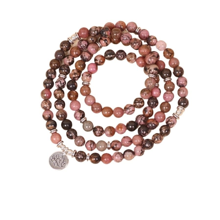 YOPI Pulsera artesanal de rodocrosita con colgante de loto y acabado en hilo negro