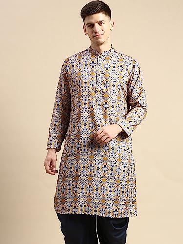 Image of Men's Black Art Silk Regular Fit Ethnic Motifs Kurta | Indian Kurta | Festive Ethnic Kurta with Embroidered Packet