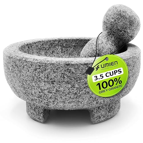 Granite Mortar and Pestle Set Guacamole Bowl Molcajete 8 Inch - Natural Stone Grinder for Spices Seasonings Pastes Pestos and Guacamole - Extra Bonus Avocado Tool Included