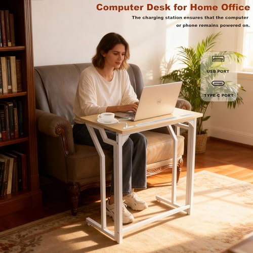 24"Wx 28"H Folding TV Tray for Eating, Foldable TV Dinner Table, Side Table Slide Under Couch, C-Shaped End Table with Devices Slot & Charging Stations, Small TV Tray for Living Room, Bedroom(Natural) - image 3